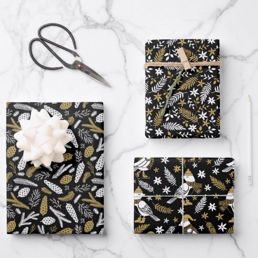 Feuille De Papier Cadeau Black Gold Winter Botanicals Birds Christmas  (Recto)