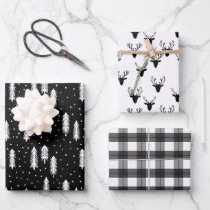 Feuille De Papier Cadeau Black Rustic Vacances Motifs Bois Plaid Arbres