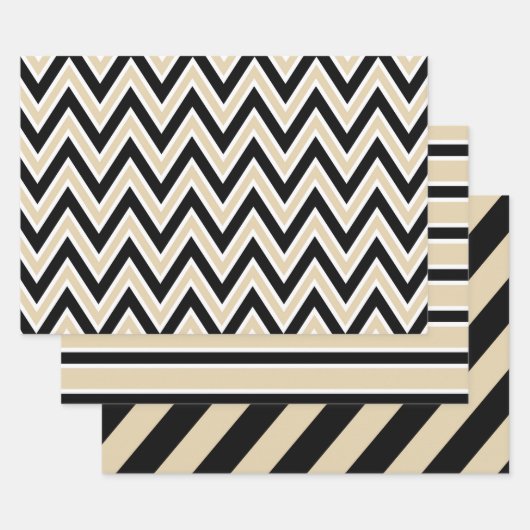 Feuille De Papier Cadeau Black, Tan, and White Chevron & Bold Stripe (Lot)