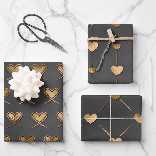 Feuille De Papier Cadeau Black with Gold Hearts Valentine's (Recto)