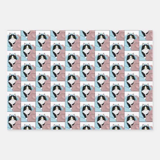 Feuille De Papier Cadeau Blanc Noir Tuxedo Couvercles de chat Bleu Pink (Devant)