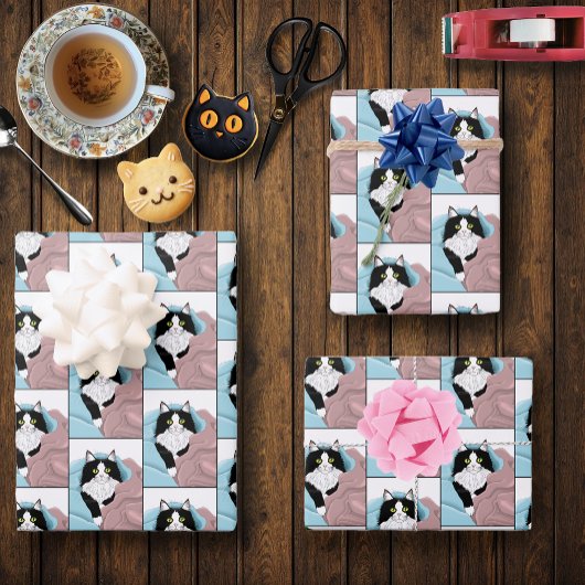 Feuille De Papier Cadeau Blanc Noir Tuxedo Couvercles de chat Bleu Pink