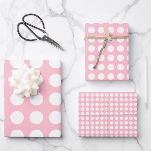 Feuille De Papier Cadeau Blanc sur rose différentes tailles Horiz. Pois (Recto)