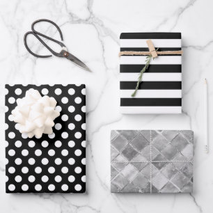 Feuille De Papier Cadeau Blancs noirs Pois Silver Foil