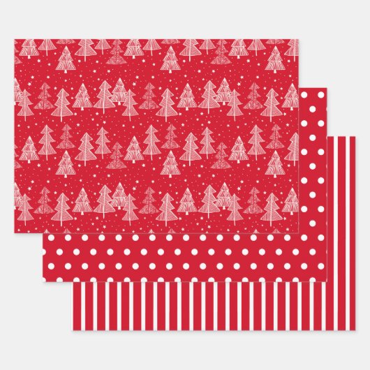 Feuille De Papier Cadeau Blancs rouges Arbres de Noël Pois (Lot)