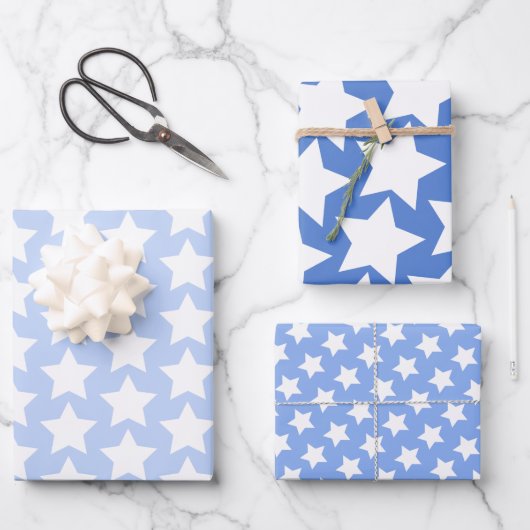Feuille De Papier Cadeau Bleu avec amusant, Motif d'étoiles blanches (Recto)