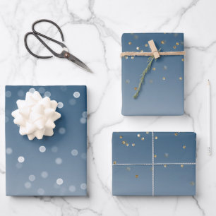 Feuille De Papier Cadeau Bleu Blanc Bokeh Paillettes Dorées Confettis Noël