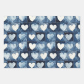 Feuille De Papier Cadeau Bleu Blanc Denim Fleurs Coeurs Anniversaire (Devant 3)