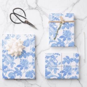 Feuille De Papier Cadeau Bleu Blanc Fleurs Roses Motif Chinois de Style Fra