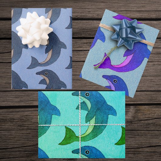 Feuille De Papier Cadeau Bleu blanc violet vert dauphins