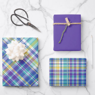 Feuille De Papier Cadeau Bleu clair, Violet, Vert, Jaune et Blanc Plaid