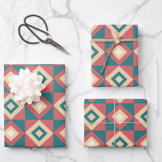 Feuille De Papier Cadeau Bleu Diamant Géométrique Pêche (Recto)