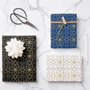 Feuille De Papier Cadeau Bleu d'or noir Arabe motifs géométriques islamique