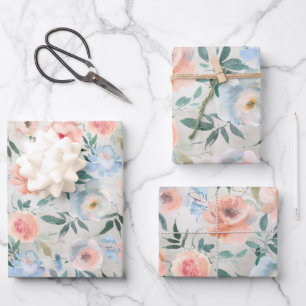 Feuille De Papier Cadeau Bleu Dusty & Peach Pink Peony Jardin Enveloppement