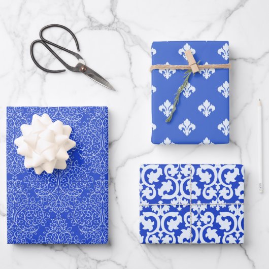 Feuille De Papier Cadeau Bleu Et Blanc Damassé  (Recto)