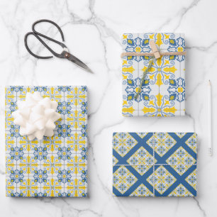 Feuille De Papier Cadeau Bleu et jaune joli carrelage portugais motif