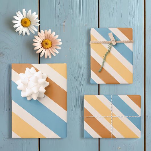 Feuille De Papier Cadeau Bleu et orange Diagonal Retro Stripes