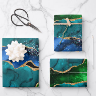 Feuille De Papier Cadeau Bleu et vert Peacock Faux Parties scintillant Agat