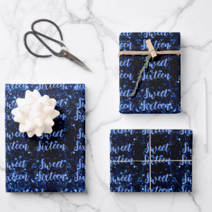 Feuille De Papier Cadeau Bleu foncé étincelants Sweet 16 élégant motif de s