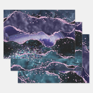 Feuille De Papier Cadeau Bleu foncé, violet et rose faux paillettes d'agate