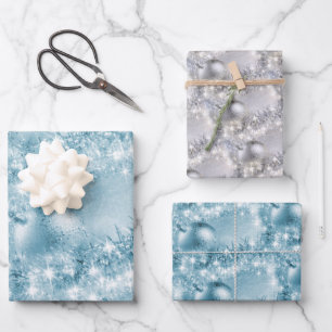 Feuille De Papier Cadeau Bleu glacé élégant et Bal de Noël argenté