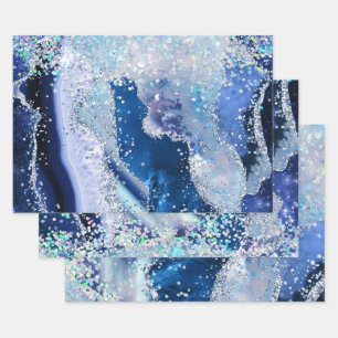Feuille De Papier Cadeau Bleu Glamour et Fausse Agate Pailletée Argentée