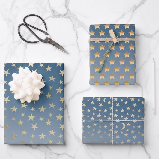 Feuille De Papier Cadeau Bleu Gold Stars (Recto)