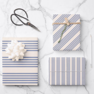 Feuille De Papier Cadeau Bleu gris et beige cinq rayures motif