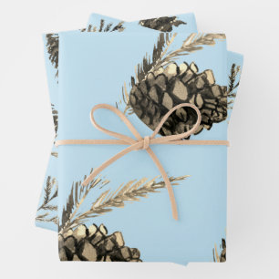 Feuille De Papier Cadeau Bleu hiver Arbre de Noël Pine Branche Cônes