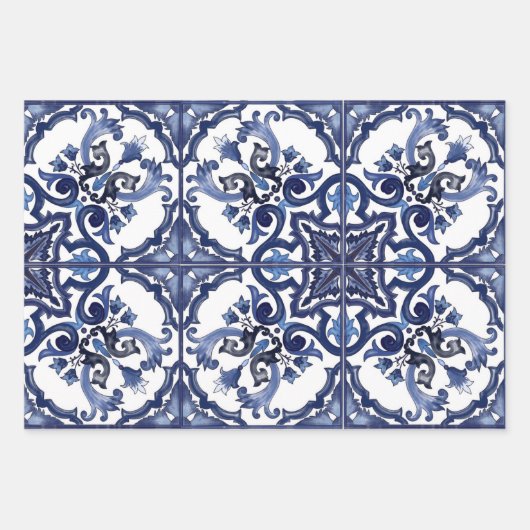 Feuille De Papier Cadeau Bleu italien et blanc Sicilien Majolica Mosaic (Devant 2)