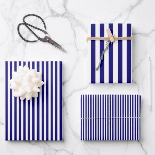 Feuille De Papier Cadeau Bleu marine et rayures blanches