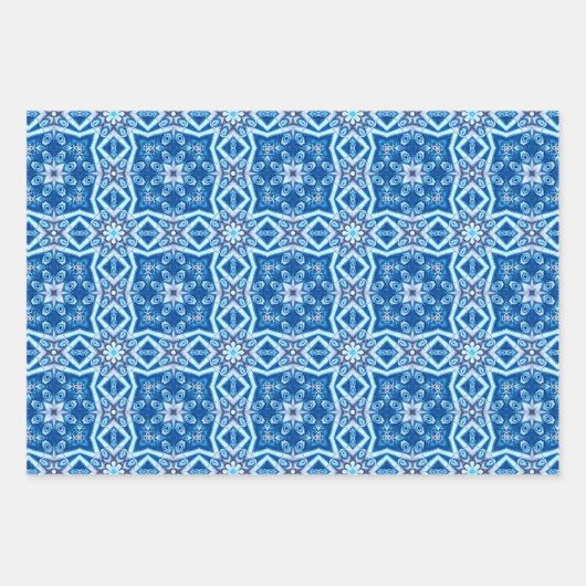 Feuille De Papier Cadeau Bleu neige, hiver fleuri et étoile motif (Devant 3)