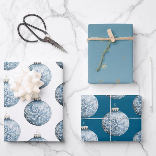 Feuille De Papier Cadeau Bleu Or Bleu Blanc Snowflakes Ornements (Recto)