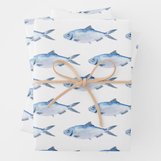 Feuille De Papier Cadeau Bleu Poisson Aquarelle Côtière