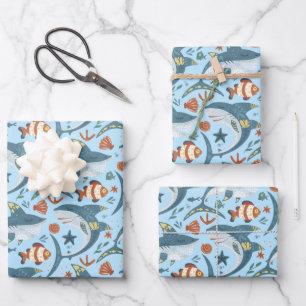 Feuille De Papier Cadeau Bleu requin Océan Poisson de mer Animal Anniversai