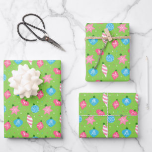 Feuille De Papier Cadeau Bleu rose vert Ornements Joyeux Noël brillant