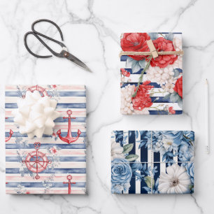 Feuille De Papier Cadeau Bleu Rouge Ancres Floral Bandes Plage Anniversaire