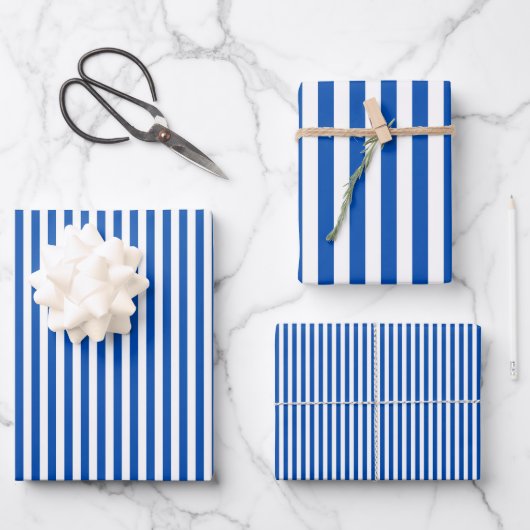 Feuille De Papier Cadeau Bleu Saphir et Rayures Blanches (Recto)