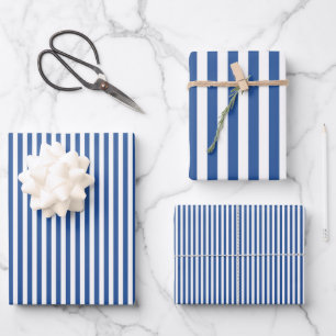Feuille De Papier Cadeau Bleu Saphir Moyen & Rayures Blanches