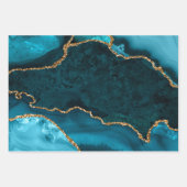 Feuille De Papier Cadeau Bleu sarcelle et faux agate pailleté or (Devant 2)