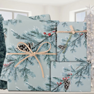 Feuille De Papier Cadeau Bleu Spruce Blanc Cônes Baies rouges Garland