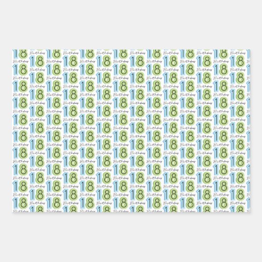 Feuille De Papier Cadeau Bleu Vert 18e anniversaire (Devant)