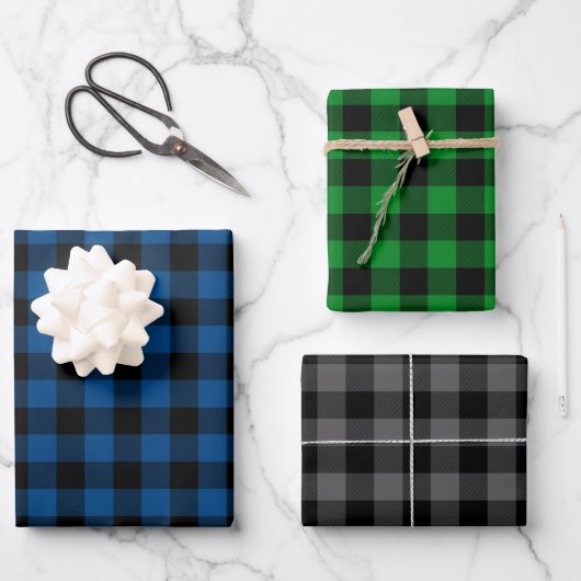 Feuille De Papier Cadeau Bleu vert & Buffle gris Plaid (Recto)