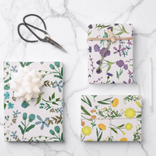 Feuille De Papier Cadeau Bleu Vert Violet Orange Jaune Aquarelle Florale