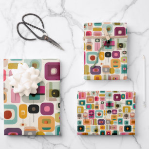 Feuille De Papier Cadeau Blocs couleur RETRO Motif géométrique du milieu du