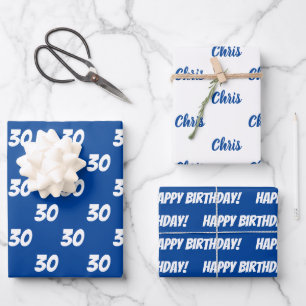 Feuille De Papier Cadeau Blue 30th Happy Birthday Nom personnalisé