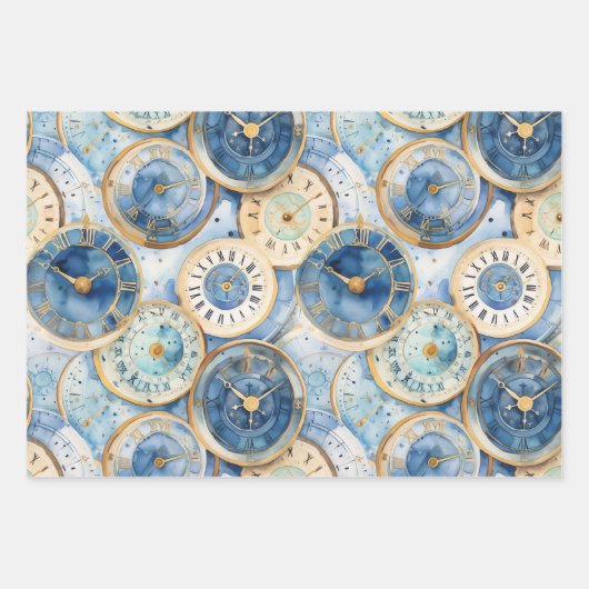 Feuille De Papier Cadeau Blue and Gold Clock Pattern (Devant 2)