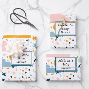 Feuille De Papier Cadeau Blue Clouds Stars Raindrops Baby shower