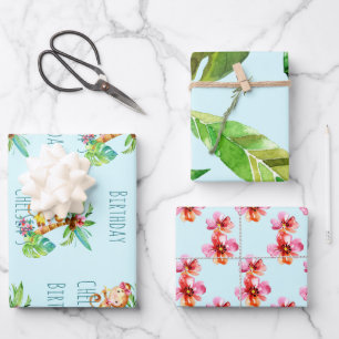 Feuille De Papier Cadeau Blue Cute Monkey Personnalisé Joyeux anniversaire