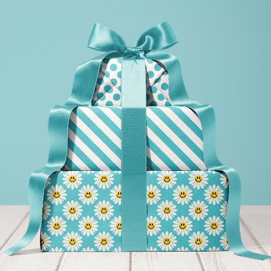 Feuille De Papier Cadeau Blue Daisy Floral Stripes Polka Dot